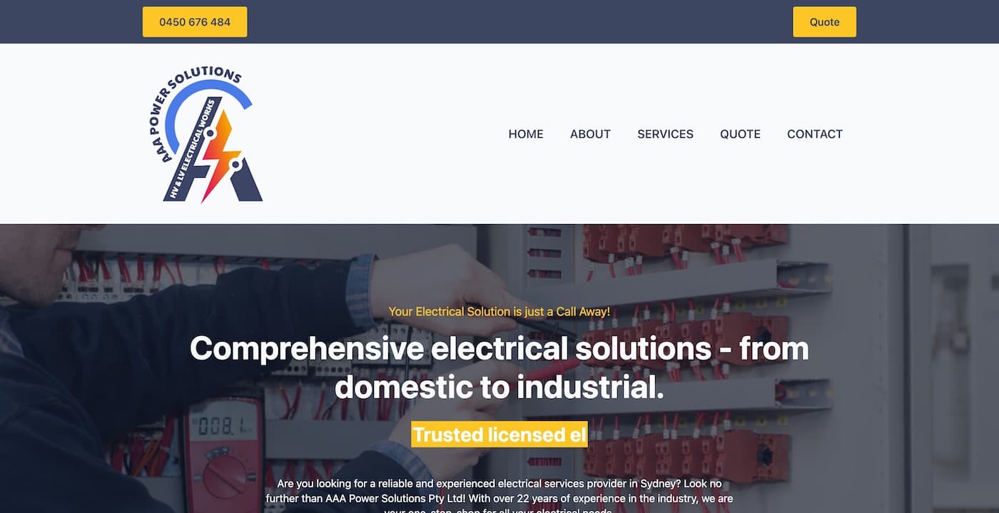 AAA Power Solutions website designed by HK Web Services