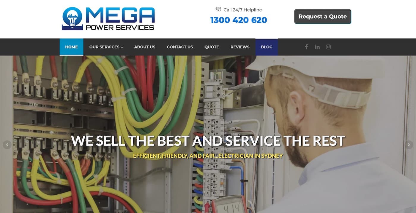 website screenshot of mega power services, designed by hkwebservices.com.au
